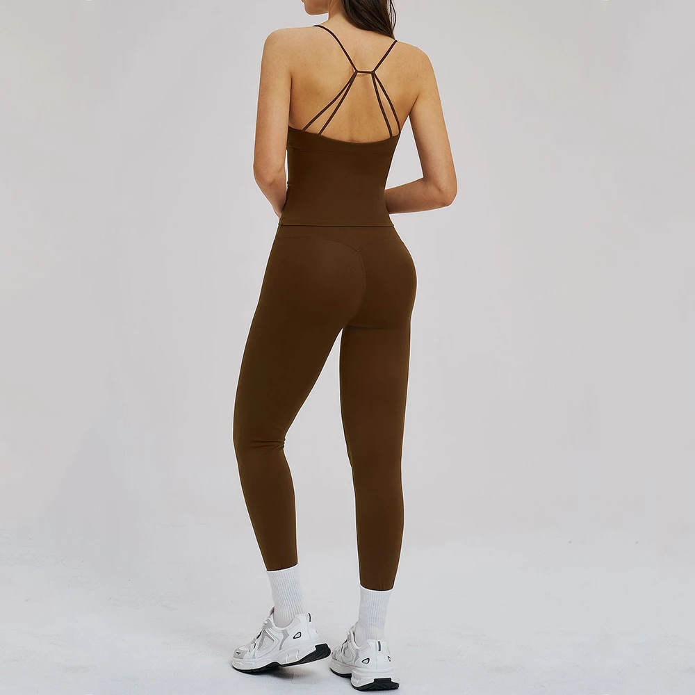 2ピースフィットネススーツ-スポーツブラ-レディースセット-クロスストラップブラ-耐衝撃-ランニング-ジムウェア-レギンス-ヨガスーツ-プッシュアップ-フィットネスセット