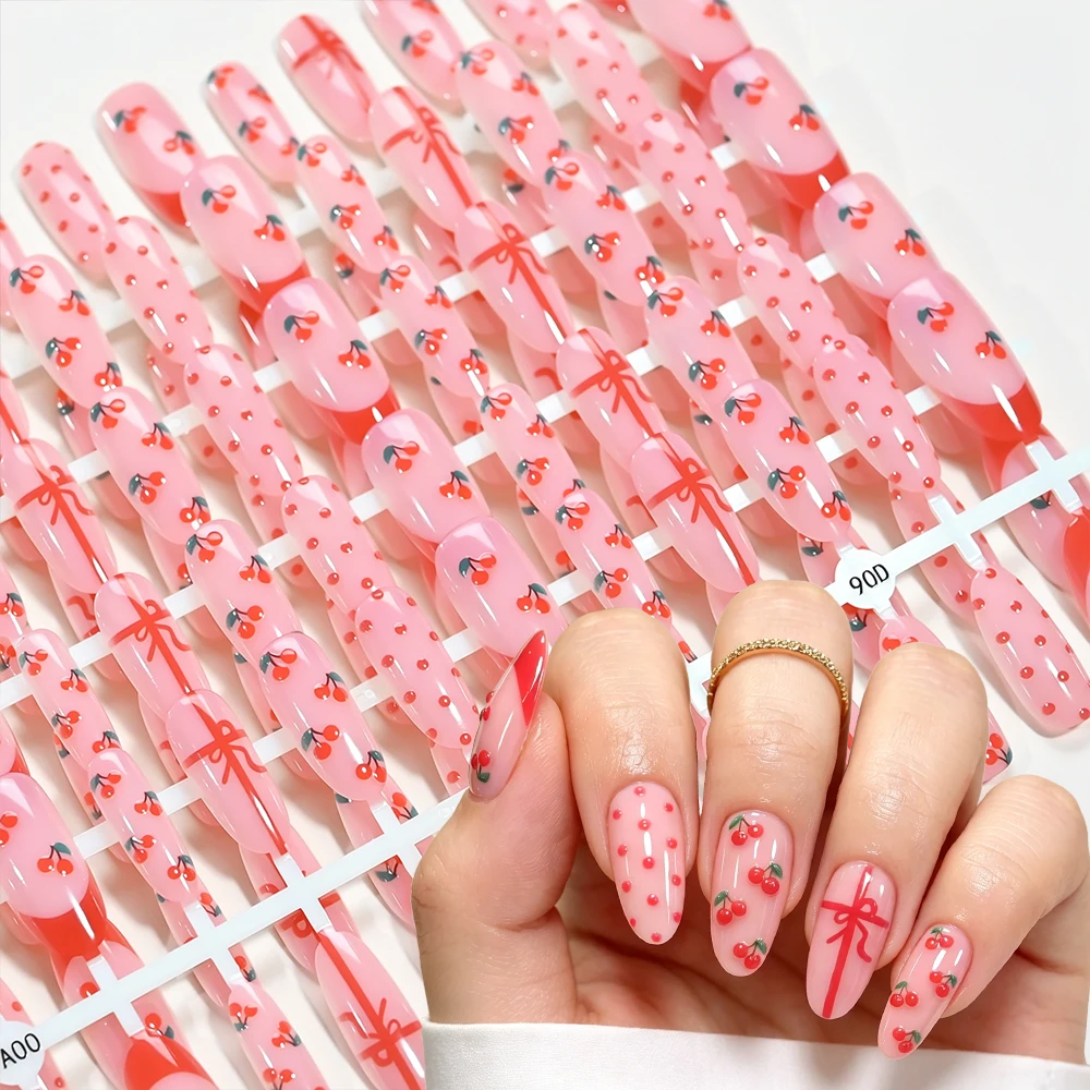 

150Pcs Cute Cherry Bowknot False Nail Patch Red Polka Dot French Almond Press on Nails Full Cover Acrylic Summer Fruit Fake Nail