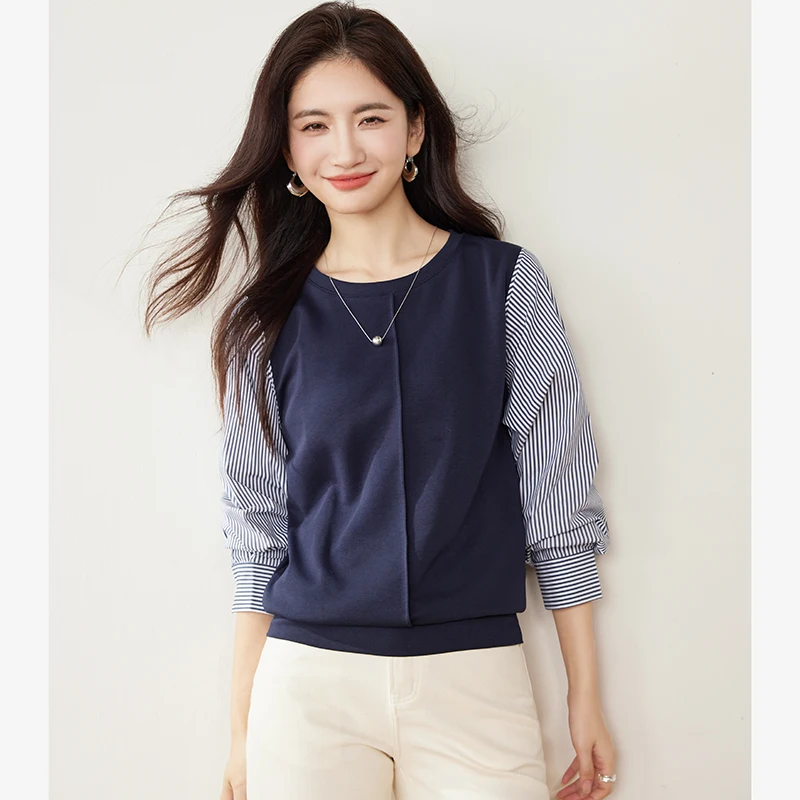 

Women Striped Spliced Fake Two Piece blouses autmn lady New Pullover Top