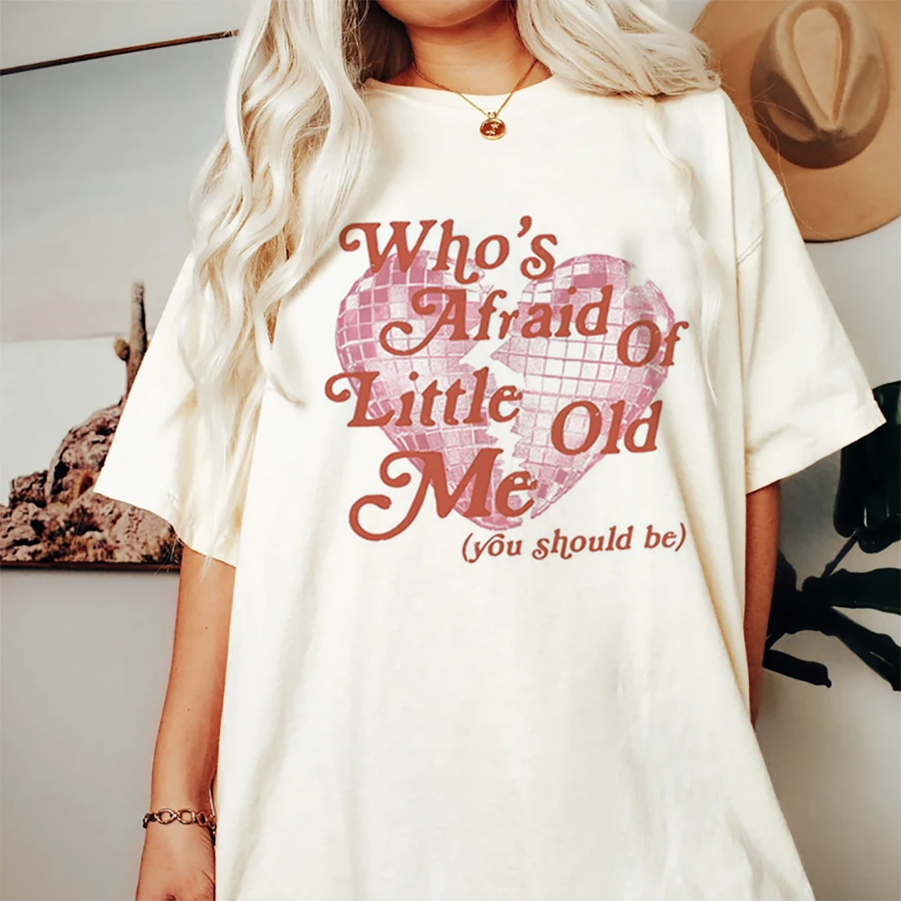 Who Afraid Of Little Old Me Heart Printed Pattern Fun Short Sleeve Basic Sweet Top T-Shirt Printed O-Neck Fashion Loose T-Shirt