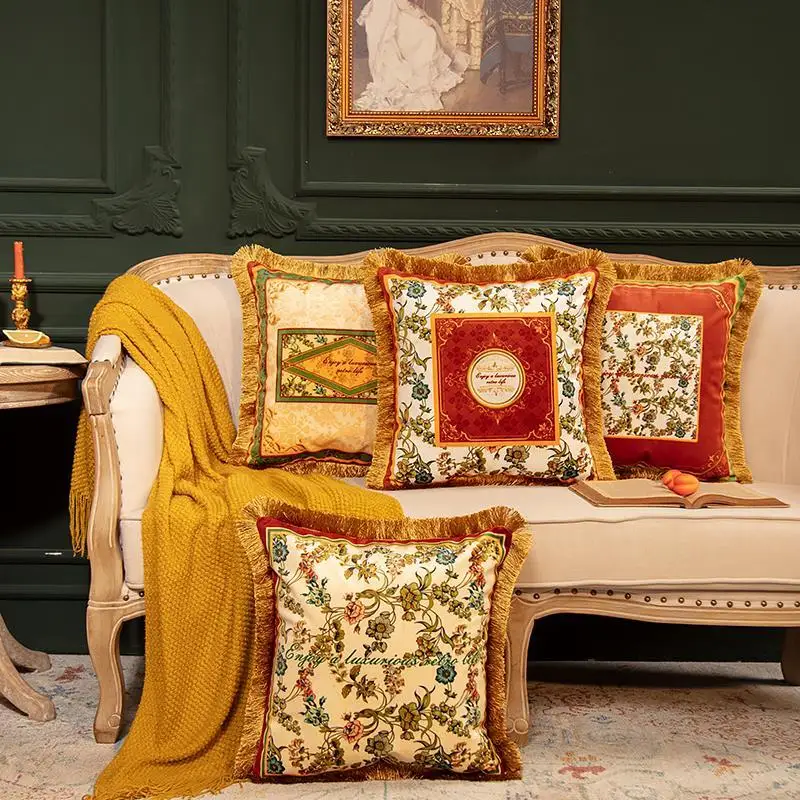 Luxury American Cushion Cover Double Sided Pattern Floral Velvet Tassel Pillowcase For Sofa Office Living Room