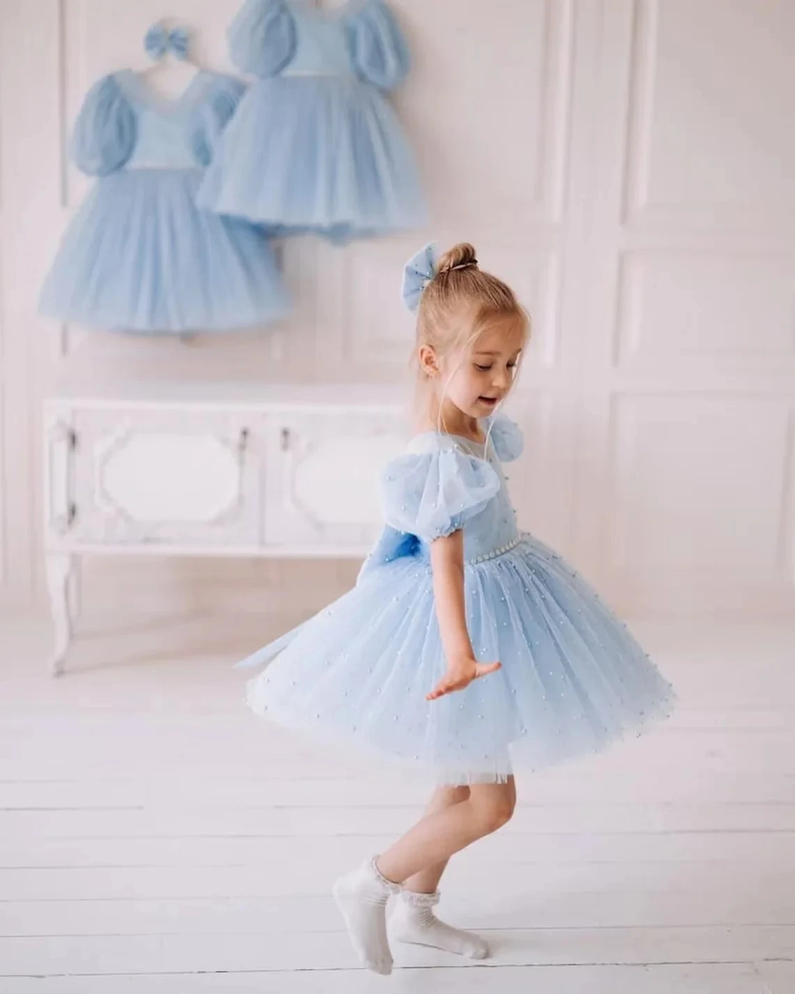 Blue Huge Bow Flower Girl Dresses Full Sleeves Lase Luxury Princess Pageant Dress For Birthday Party Gown First Holy Communion