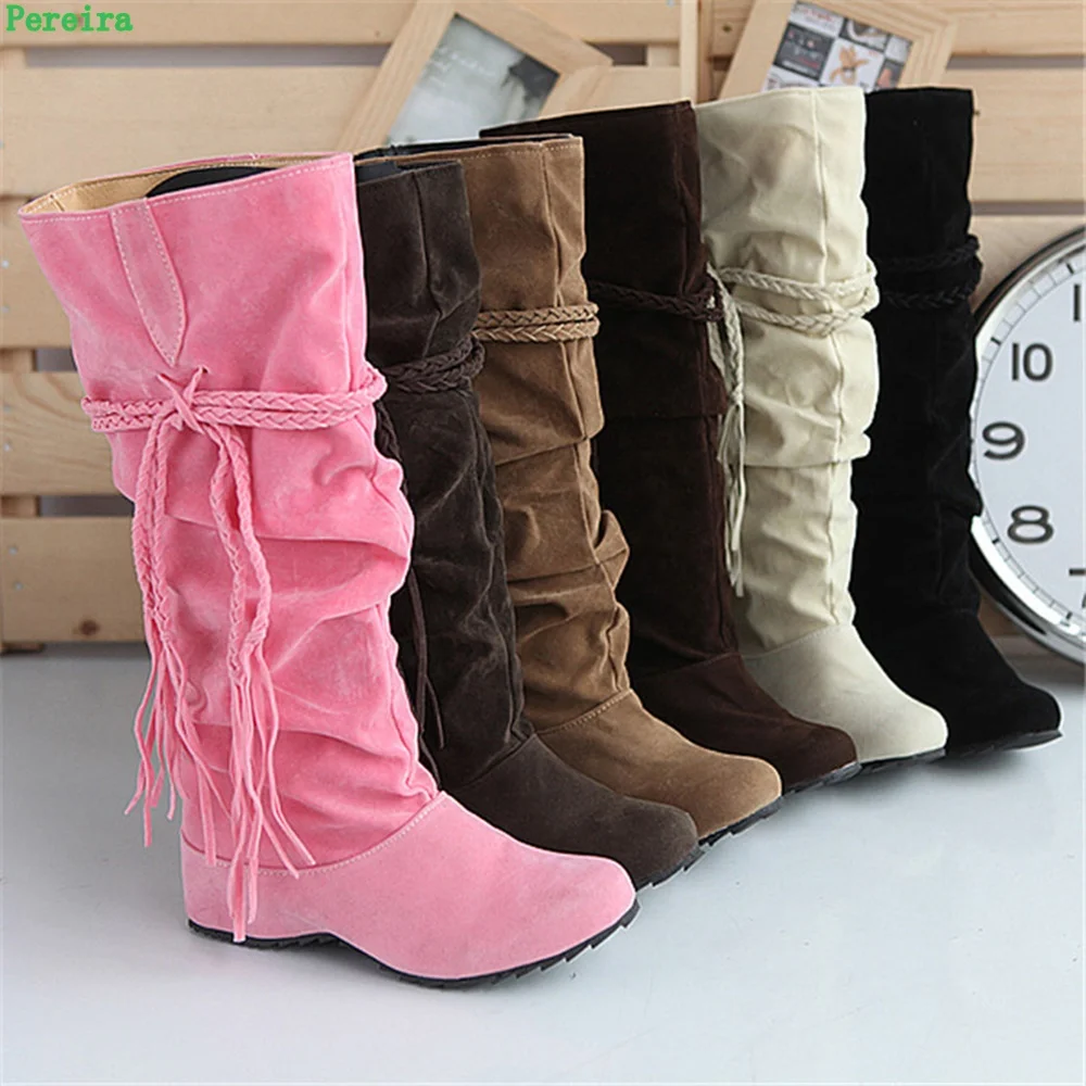 Pink Braided Rope Tassel Boots Women\'s 2024 Winter New Arrival Solid Round Toe 35-43 Size Sexy Fashion Show Party Flat Shoes