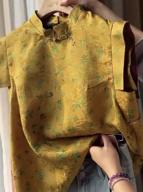 

Unique Beautiful Floral Print Stand Collar Button up Top Korean Sle Loose Fit ort Sve Women's irt Summer 2025