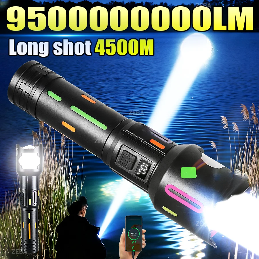 

Мощный светодиодный фонарь 95000000LM, сверхъяркий, перезаряжаемый, с регулируемым фокусом, дальность 4500 м, для кемпинга