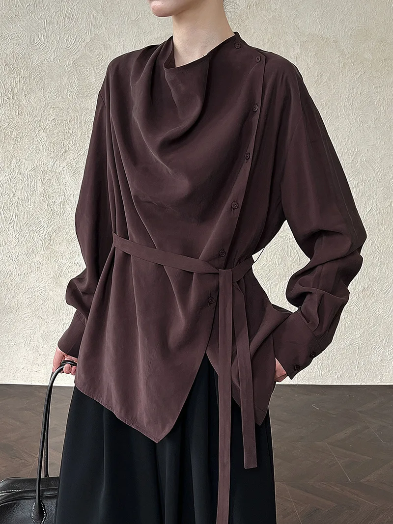 BJTZ 韓国スタイルデザインスイング襟ウエスト締めブラウス女性のための春秋の新エレガントなニッチシャツトップ