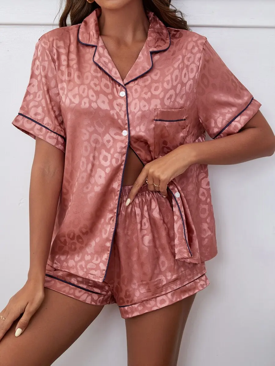 

Womens Leopard Print Satin Pajama Set With Turn-Down Collar Short Sleeve Top And Shorts