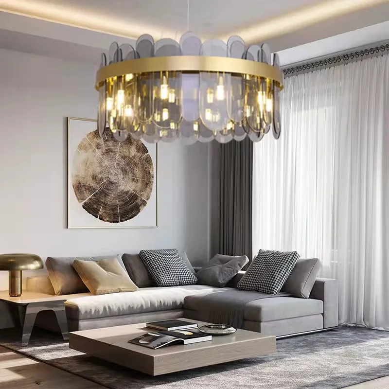 Nordic postmodern imitation copper LED glass chandelier living room atmospheric chandelier light luxury lighting fixture