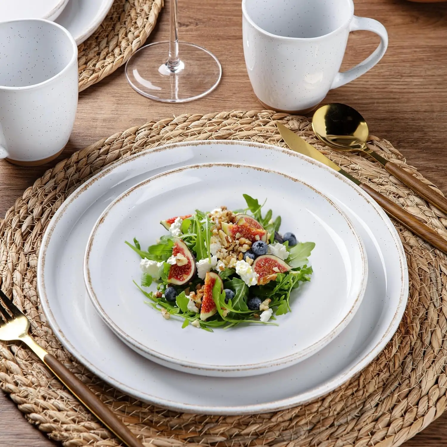 Set di stoviglie in ceramica da 24 pezzi per 8, set di piatti e ciotole in gres dipinti a mano con lato interno in terracotta rustico, scratch Re