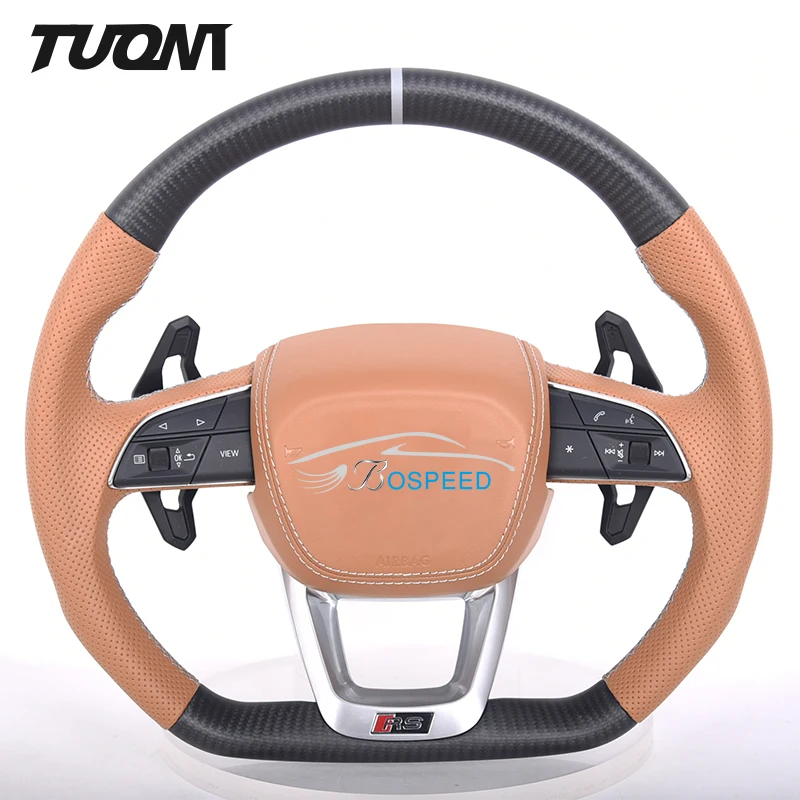 Custom Matt Carbon Fiber Brown Perforated Leather Car Steering Wheel For Audi Q1 Q2 Q3 Q5 Q7 Q8 RS3 RS5 SQ5 RSQ8