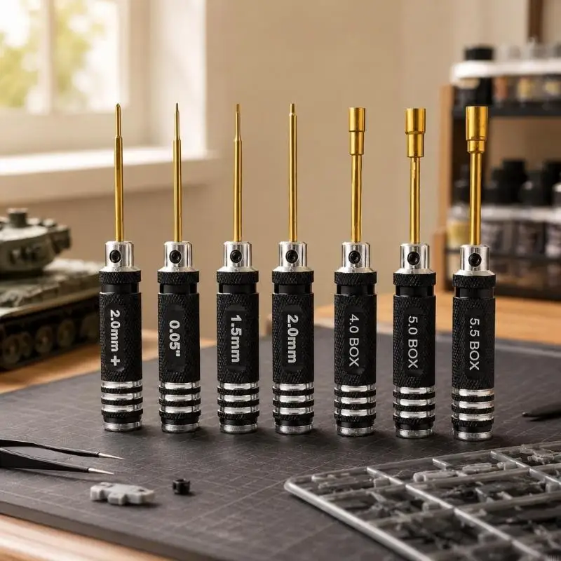 7Pcs Scale Model Assembly Screwdriver and Nut Tool with Seven Knurled Grips, Steel Working Ends, and Size Labels for A0KF