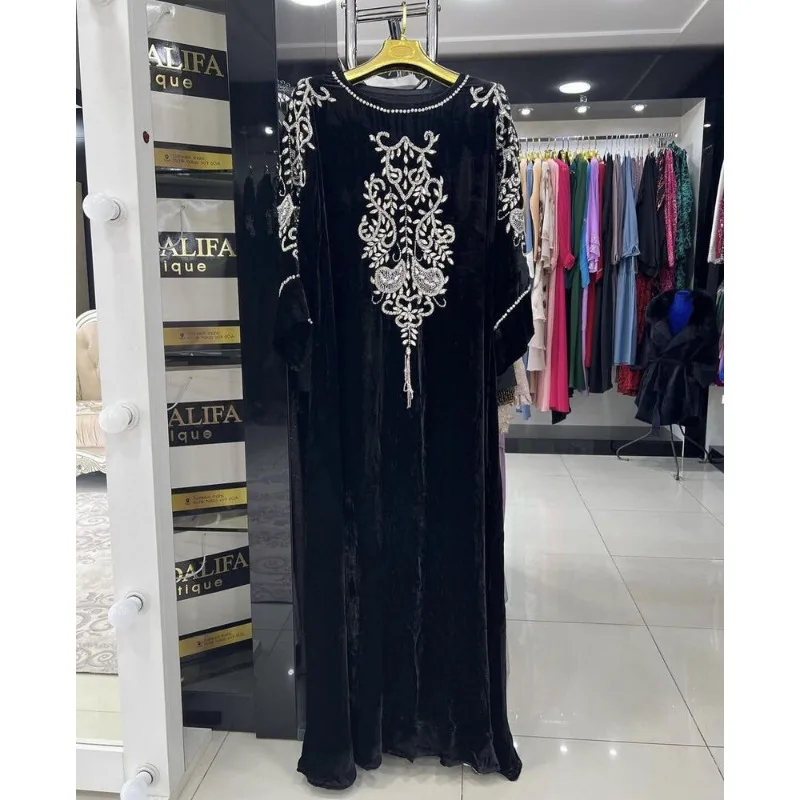 Luxury Black Velvet Bed Crystal Work Moroccan Long Gown Wedding Dress Fashion Trend