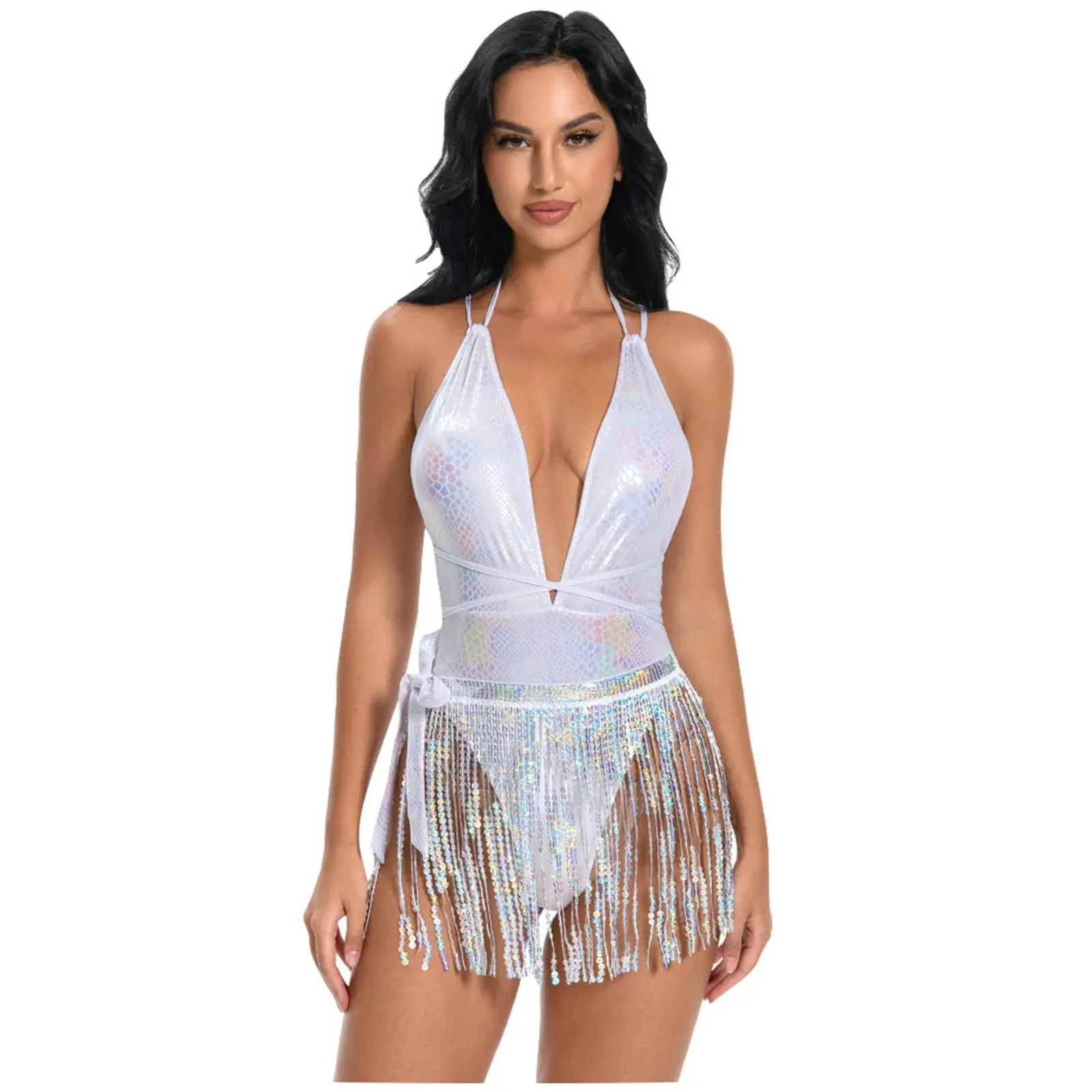 Sexy Bikini Set Pole Dance Costume One Piece Bodysuit Backless Tassel Hip Scarf Beach Party Rave Outfit Gogo Dancer Suit White