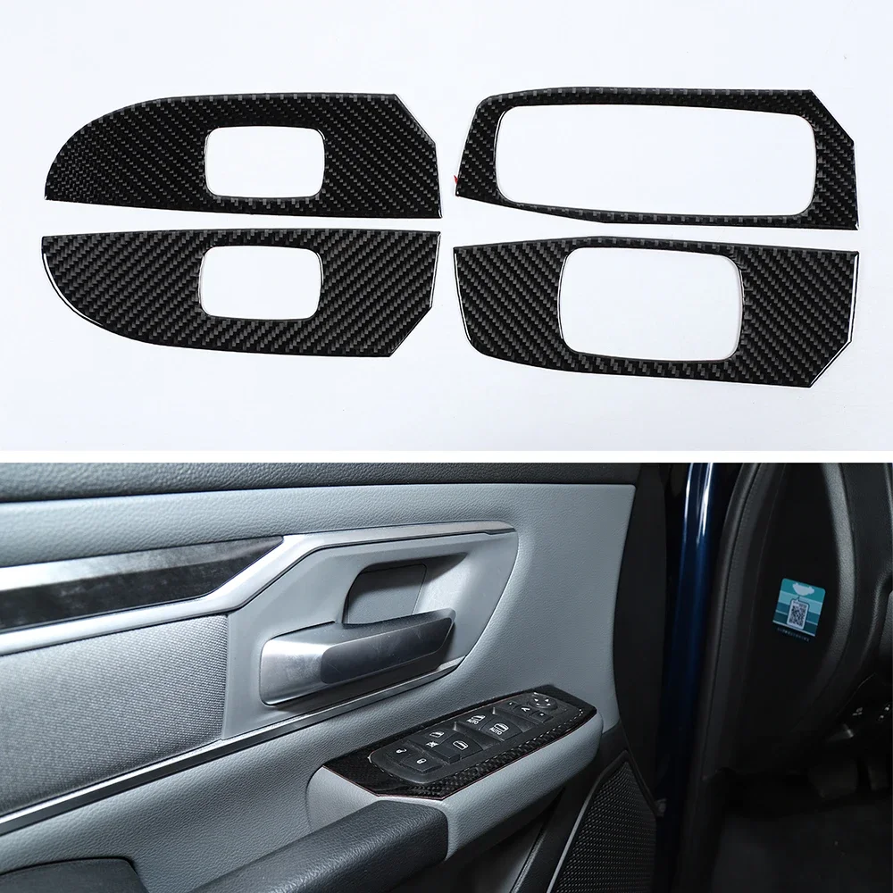 

For Dodge Ram 2018+ Genuine Carbon Fiber Car Door Armrest Window Lift Switch Panel Cover Stickers Interior Styling