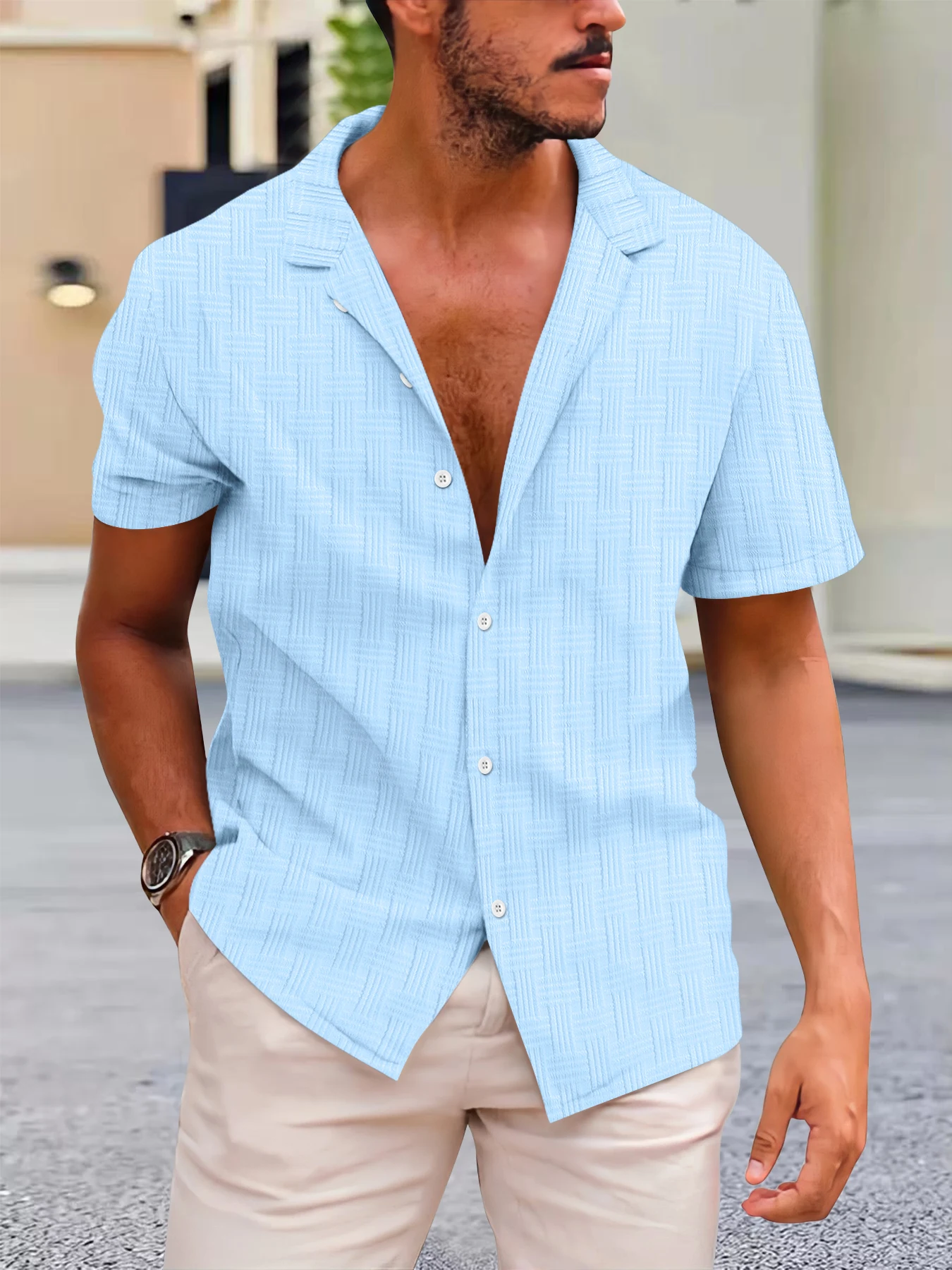 Summer Men's Fashion Collared Short Sleeve Shirt Casual Beachwear Comfortable Breathable Lightweight Cotton Top