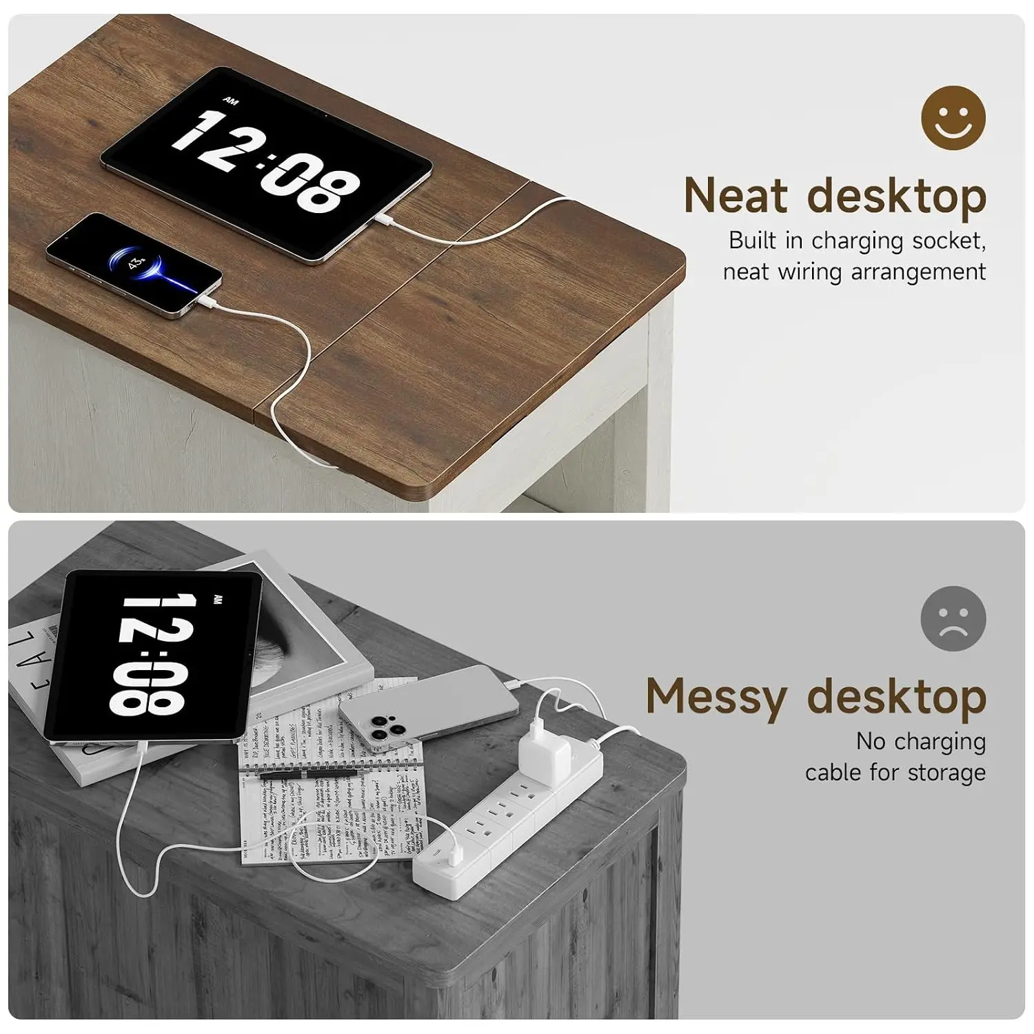 Rustic End Table with Charging Station, Narrow Side Table, White