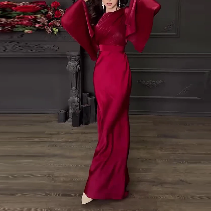 Women\'s Patchwork High Waist Evening Dress Elegant Solid Color Party Long Dresses Fall Fashion O-Neck Slim Satin Dress New 2024