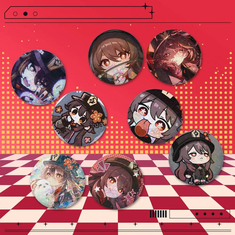 Genshin Impact Hu Tao 2PCS Holographic Print Badges 25/32/44/58/75mm Round Brooch Pins Anime Game Character Cosplay Collectible