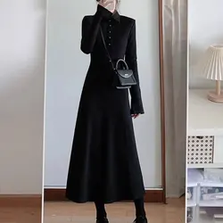 French Style Polo-Neck Long Dress Button Female Clothing Knitted A-Line Waist Spring Autumn Commute Solid Color Basic Dresses