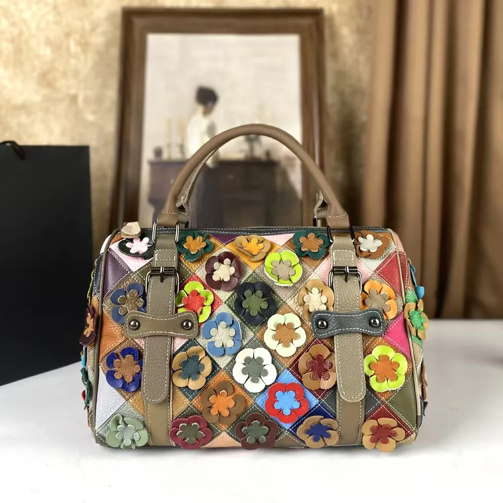 

Women's Handbag Real Leather Floral Patchwork Street Style Shoulder Crossbody Bag Soft Structure Daily Match Handmade