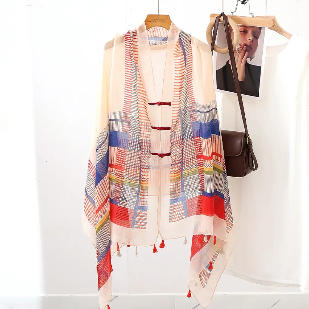 

Elegant Knot Button Sunscreen Scarf Shawl Paisley Tassels Cardigan Cape Large Soft National Style Cloak Beachside