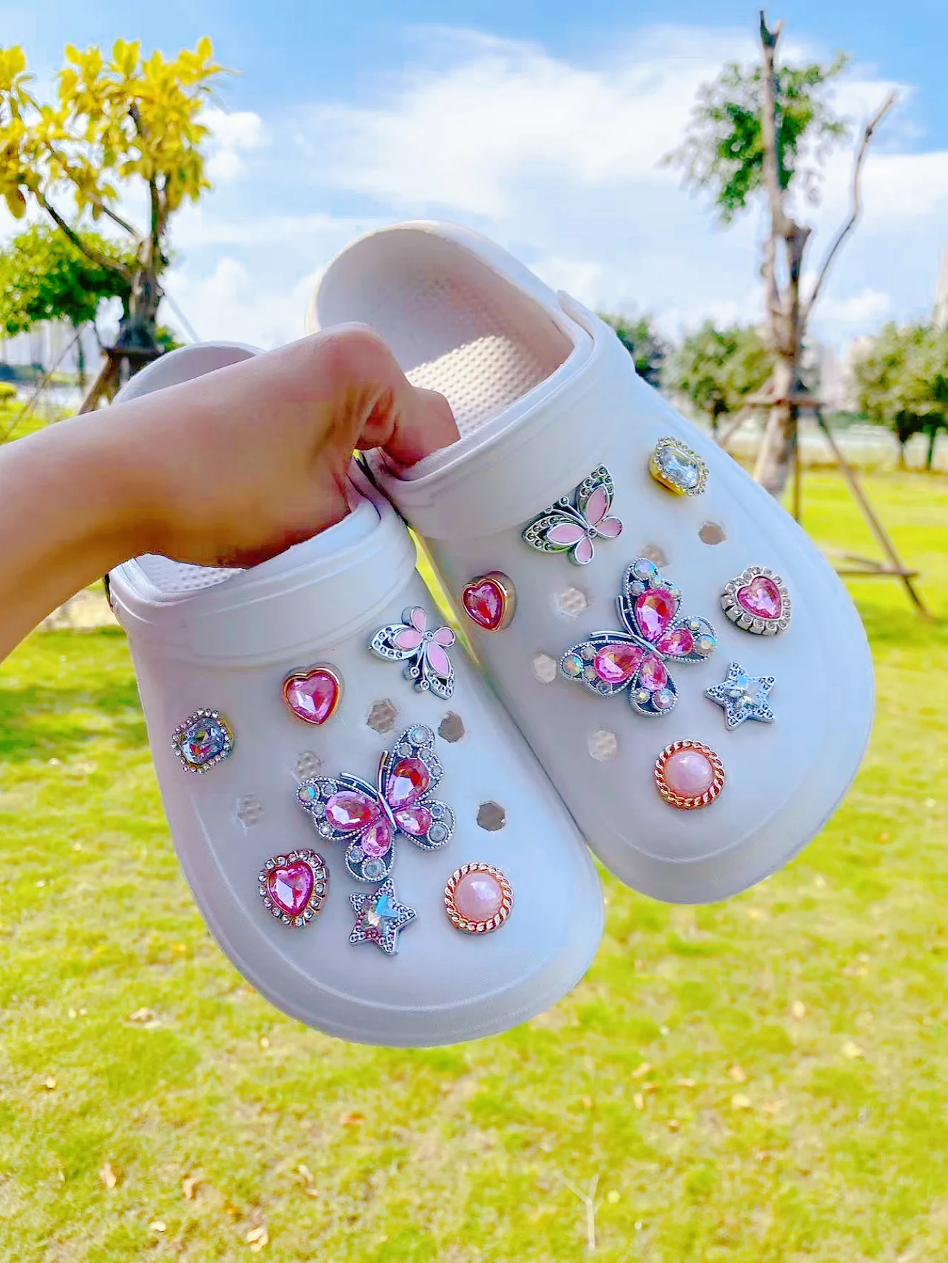 14 DIY pink diamond butterfly, star, heart and other shoe buckle decorations, multi-functional shoe clip accessories for women's