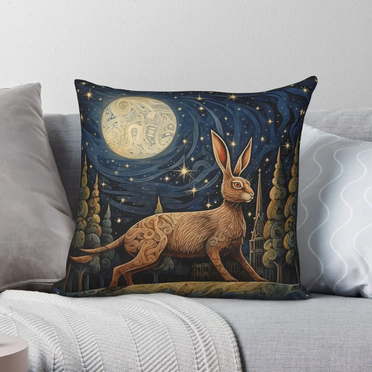Hare Pagan Moon Animal Square Pillowcase Polyester Linen Velvet Creative Zip Decorative Throw Pillow Case Room Cushion Cover