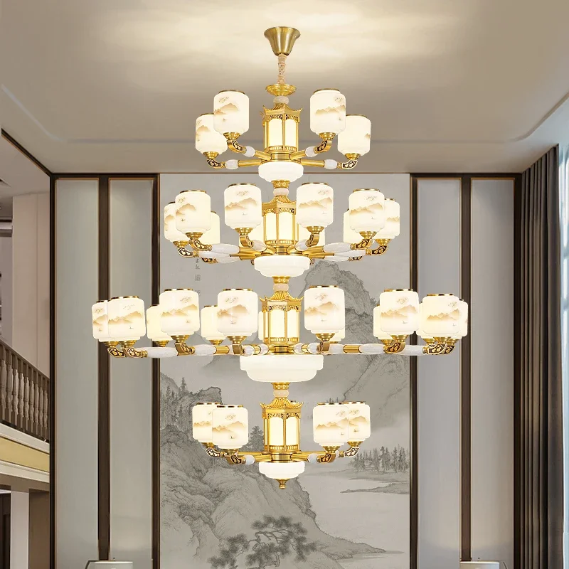 

all-copper duplex building chandelier villa living room jade chandelier hollow building middle floor hotel lobby lamp