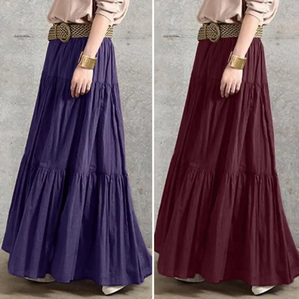 

Autumn Winter Long Skirts Vintage Women's Ruffles Skirt Spring Solid Casual Loose Elastic Waist Skirts Oversize Female Bottoms