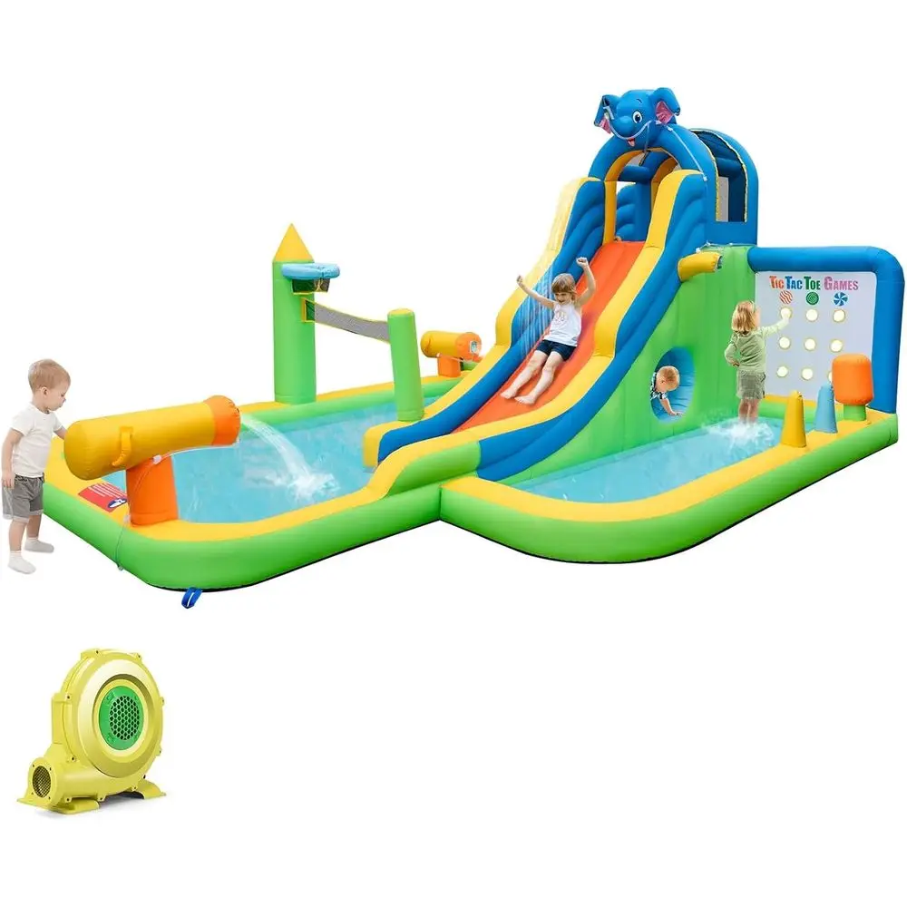 Scivolo d'acqua Iatable, parco acquatico gigante 9 in 1 con piscine antispruzzo, punta Tic Tac e parete da arrampicata, colpo esterno