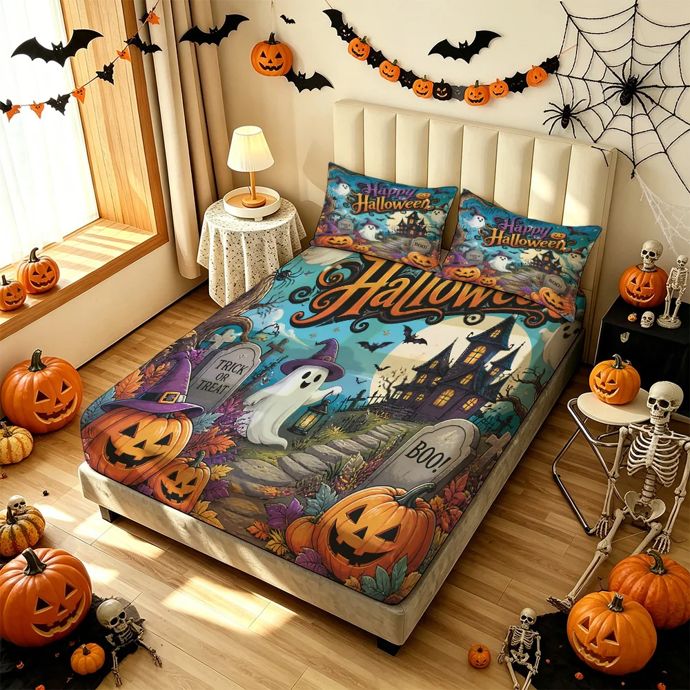 3Pcs Halloween Ghost Pumpkin Haunted House Print Bedding Set, 1 Duvet Cover 2 Pillowcases, No Inner Core, Machine Washable Be