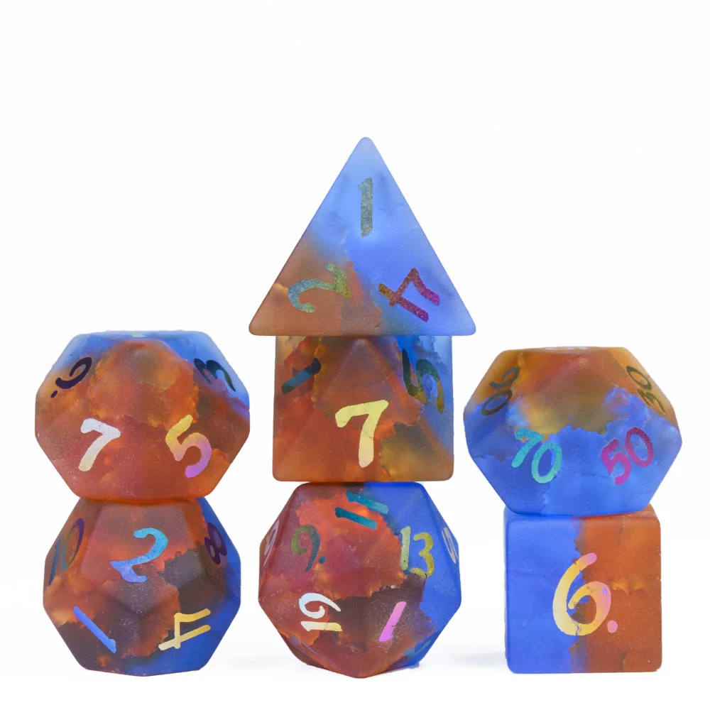 

Cusdie 7Pcs Lightning Dice with Colorful Font,Handmade 16mm Glass Polyhedral Dice Set with Leather Box,D&D Dices for Collection