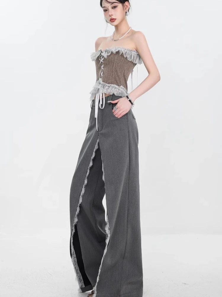 Japanese Y2K hot girl retro gray lace patchwork suit pants autumn loose casual wide leg pants long pants millennium style