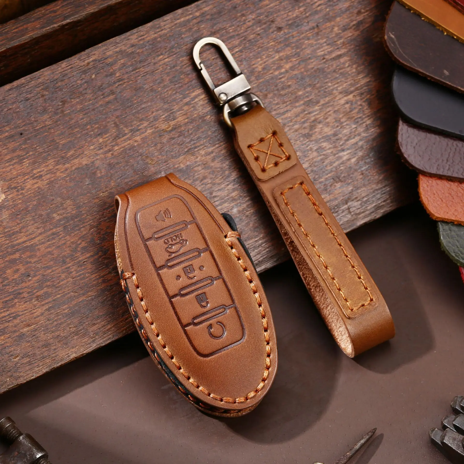 1pc Leather Car Key Case Cover Fob Protector Keyring for Nissan Patrol Y62 Accessories 2021 5 Button Keychain Holder Shell