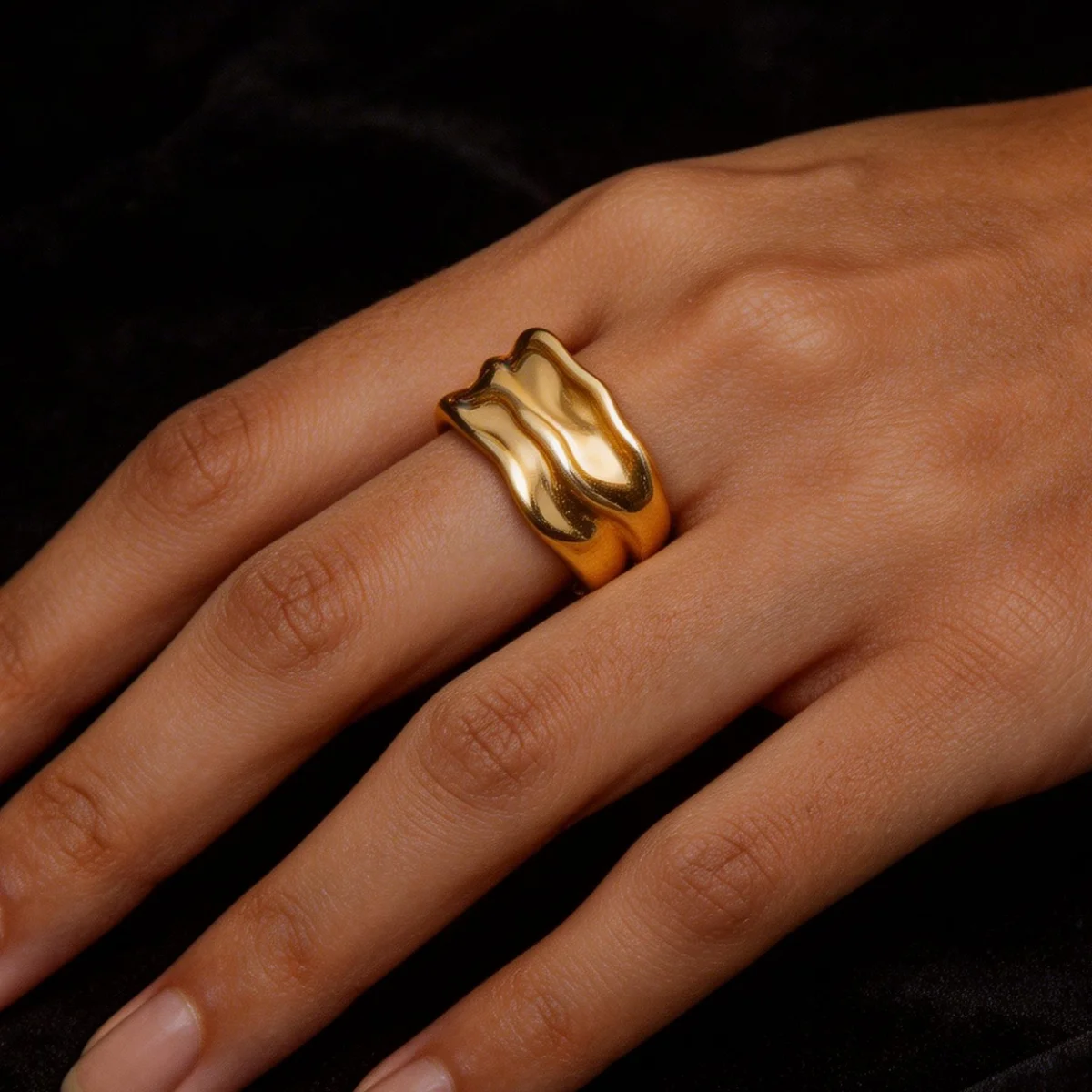 Chunky Vintage Stainless Steel Textured Rings For Women Men Gold-Plated Geometric Hammered Ring Hip Hop Punk Jewelry Bague