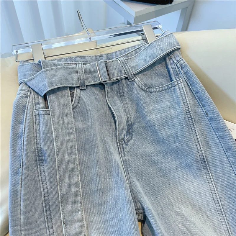 Fashion High Waist  Belt Jeans for Womrn Korean Versatile Loose Light Blue Denim Pants Retro Design Sense Wide Leg Trousers