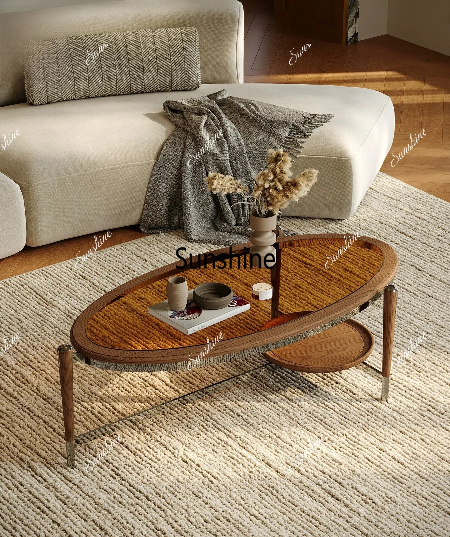 Living room light luxury simple oval tempered glass tea tableT*