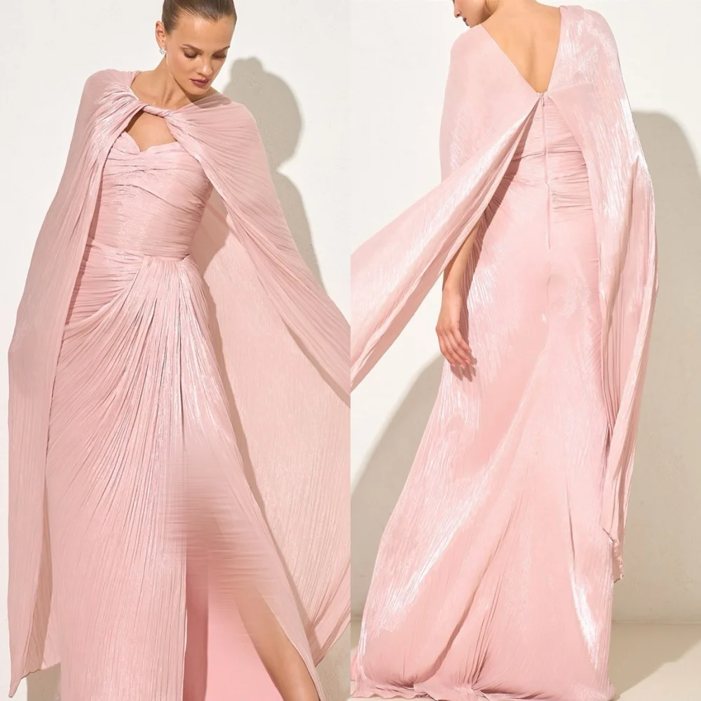 

Customized Exquisite Pink Chiffon Homecoming Dress Elegant Strapless Shawl Ruched Side Slit Zipper Back Vestido De Festa