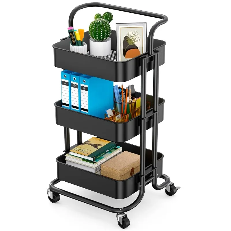 

Rolling Utility Cart, 3-Tier Mesh Organization Cart with Lockable Wheels, Multi-Functional Storage Trolley, Black