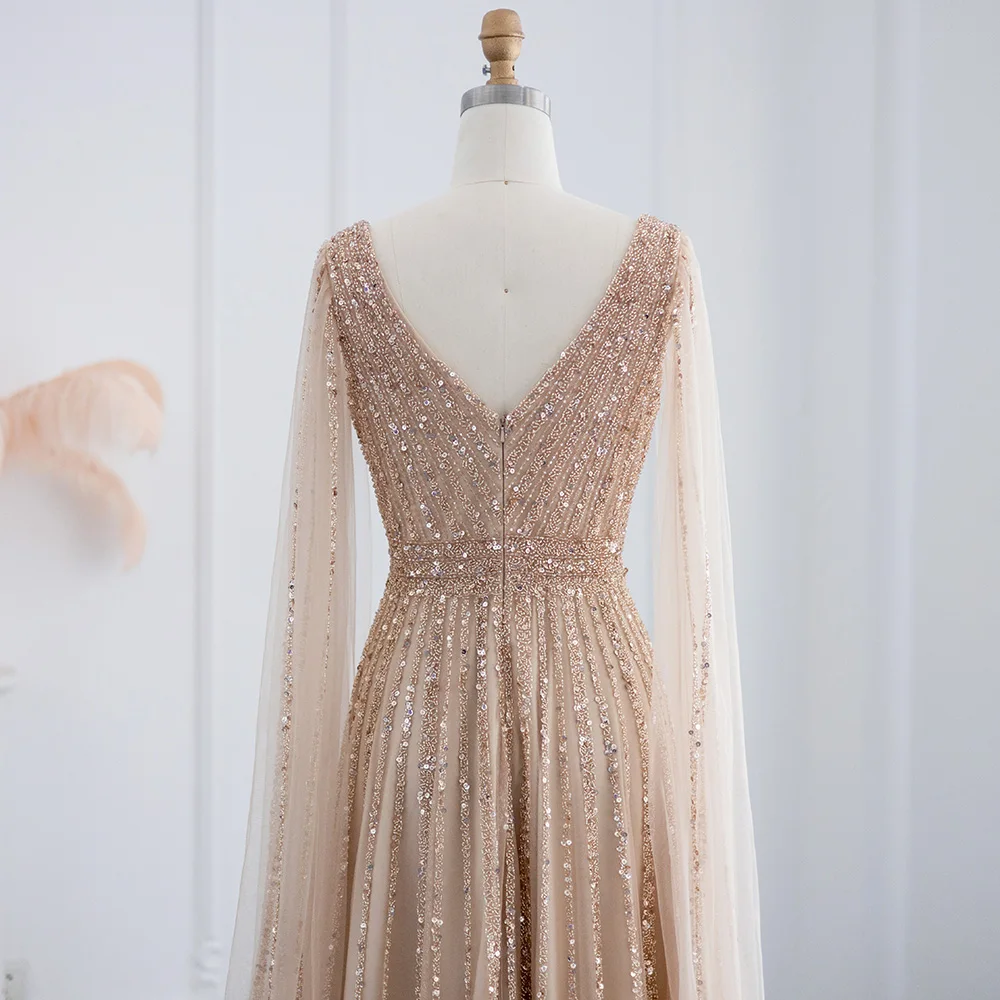 Sharon Said Luxuriöse Champagner-Abendkleider mit Cape-Ärmeln, Arabisches Grün-Nude Ballkleid für Damen, Hochzeitsfeier SS322 Maßanfertigung – Detail 12