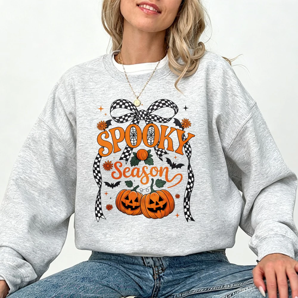 Spooky Season Checkered Bow Graphic Pullover Fashion Streetwear Shirt Pumpkin Aesthetic Graphic Fall Crewneck Halloween Apparel