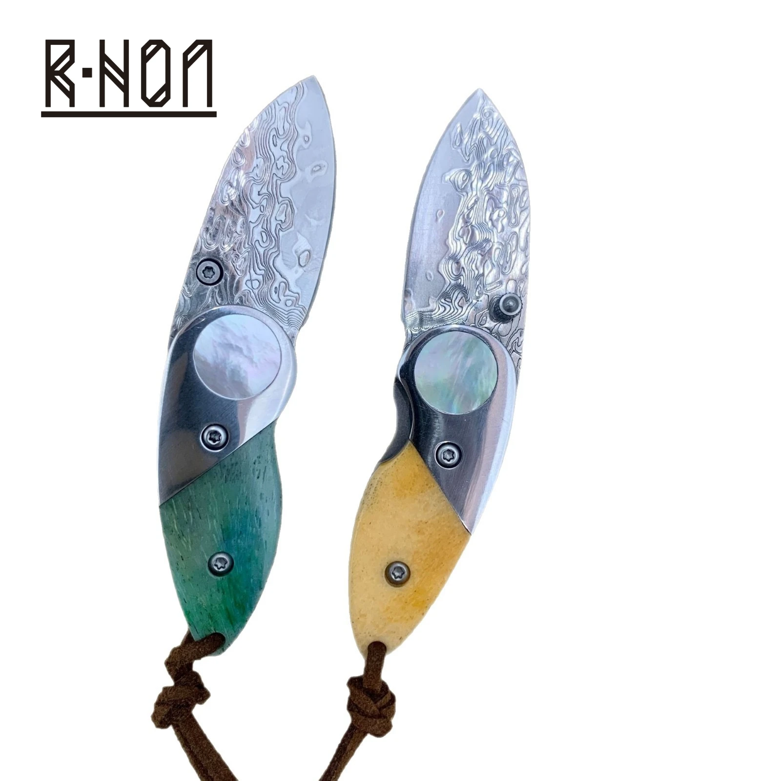 

RHON Mini Size Thumb Open Pocket Knife EDC VG10 Damascus Steel Foldable Small Handle Carry Slicing Mail Box Cutting Key Knives