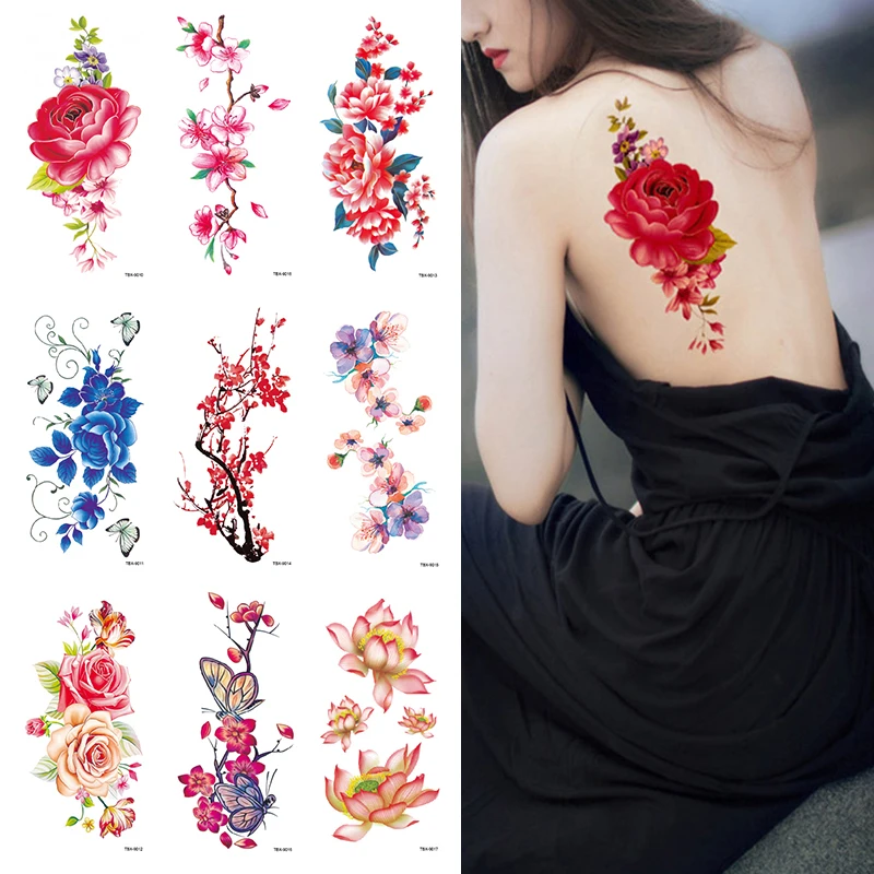 Anime Rose Flowers Temporary Tattoos Stickers Waterproof Arm Shoulder Fake Tattoo for Women Make Up Big Flash Tattoo on Body Art