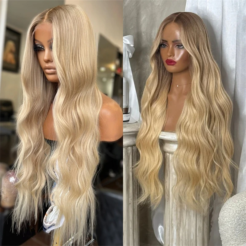 13x4 Ombre Golden Blonde HD Lace Front Wig High Quality Synthetic Wig Real Wig 32 Inch Super Long Body Wave Wig Blend Human Hair