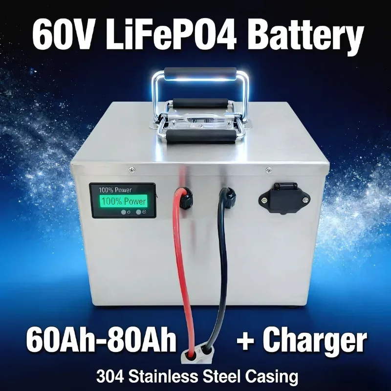 60V 80Ah LiFePO4 Battery (6000W Max | 10A Charger) Electric Scooters/EVs:E-Bikes/Tricycles: 3500W steady output for uphill climb