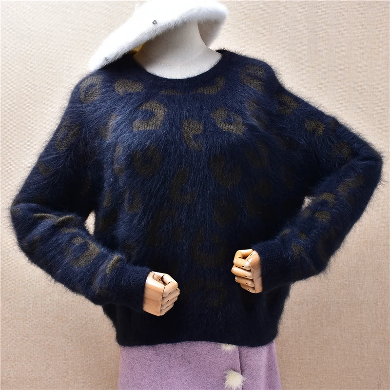 

Ladies Women Fall Winter Hairy Flower Crochet Angora Rabbit Hair O-Neck Short Style Loose Pullover Sweater Jumper Pull Tops