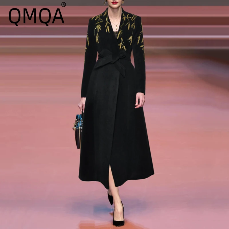 QMQA Fashion Women's Luxury Trench Coat Long Sleeved Nail Bead High Waist Lace Up Pocket Mid Length Windbreaker Winter New 1A884