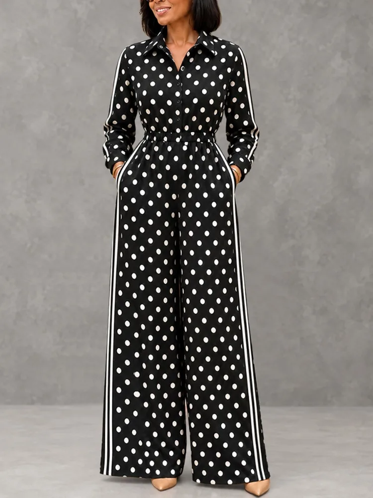 UOOZEE Women Polka Dot Lapel Jumpsuits Buttoned Long Sleeves Side Striped Wide Leg Elastic Waist Casual Office Ladies Overalls