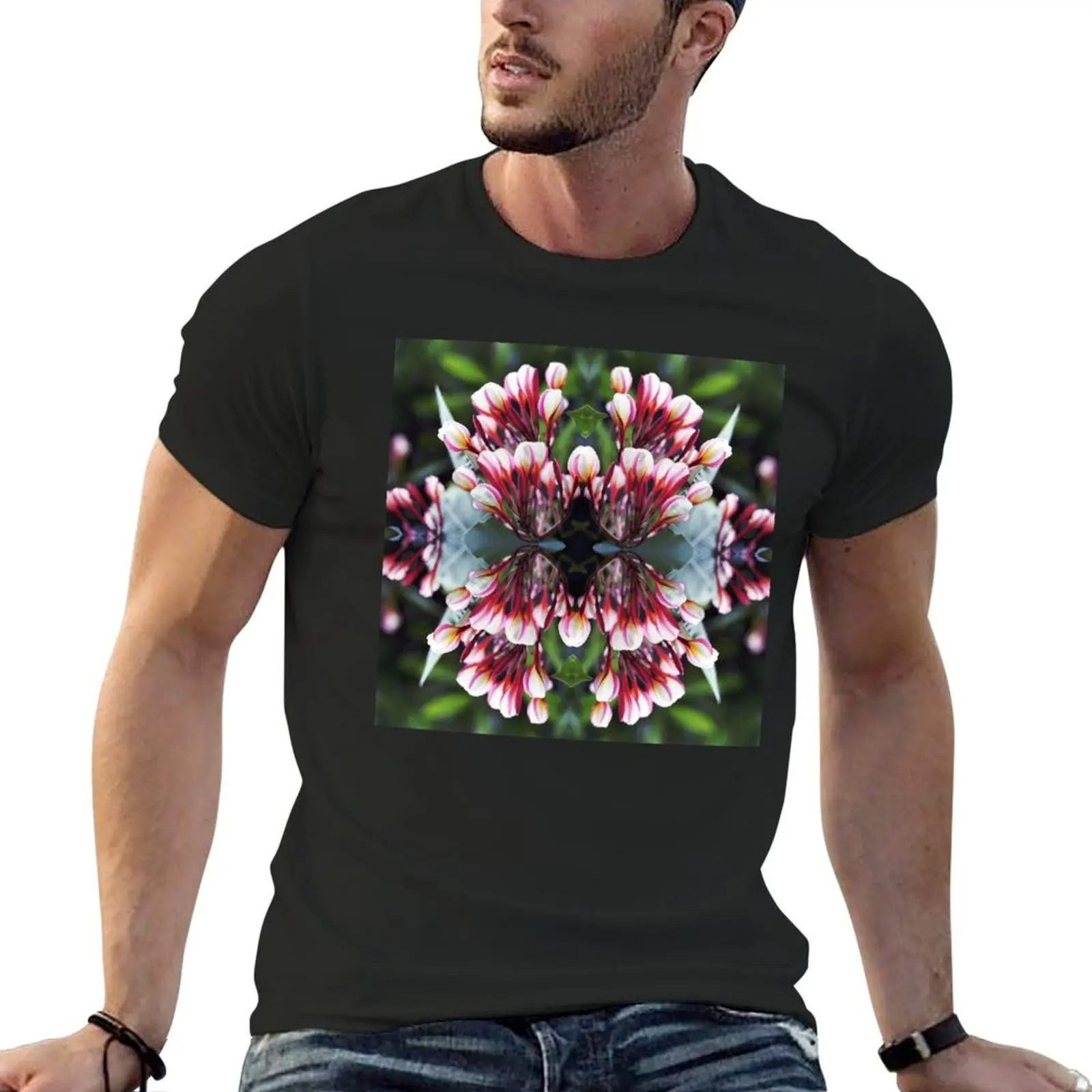 Pink White Plumeria Blossoms Bouquet Kaleidoscope Collage T-shirt vintage clothes graphics mens champion t shirts