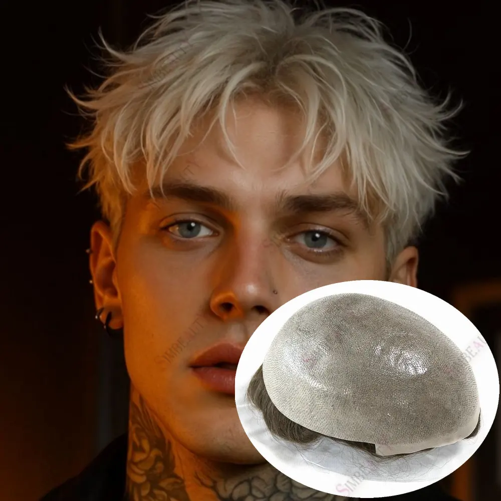 

613 # Мужской парик-накладка из натуральных волос, тонкая кожа 0.06 мм, незаметный, с V-образным креплением, 6 дюймов, короткие волны, цвет светло-серый